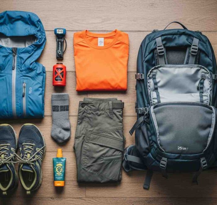 Checklist completo de equipaje para el Inka Jungle con una mochila y ropa de trekking desplegada sobre un suelo de madera