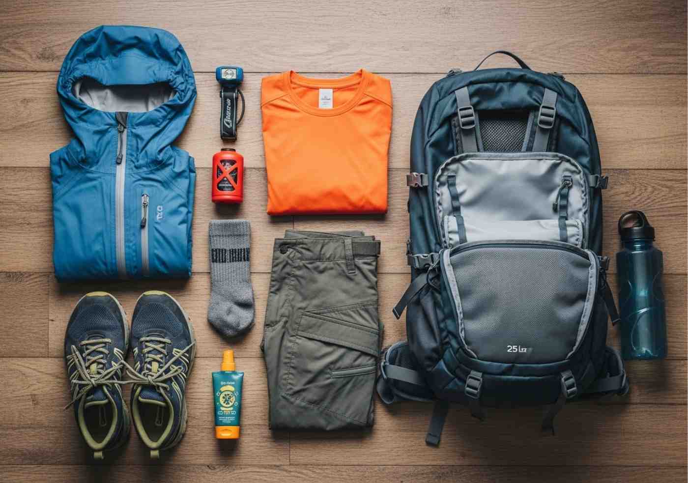 Checklist completo de equipaje para el Inka Jungle con una mochila y ropa de trekking desplegada sobre un suelo de madera