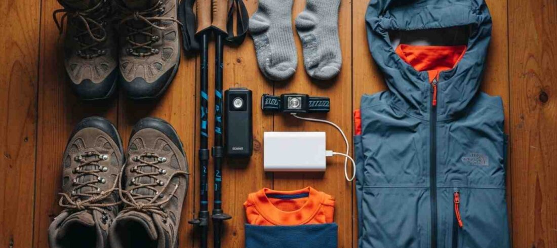 Checklist de equipaje Salkantay Trek con una mochila, botas y bastones organizados en el suelo