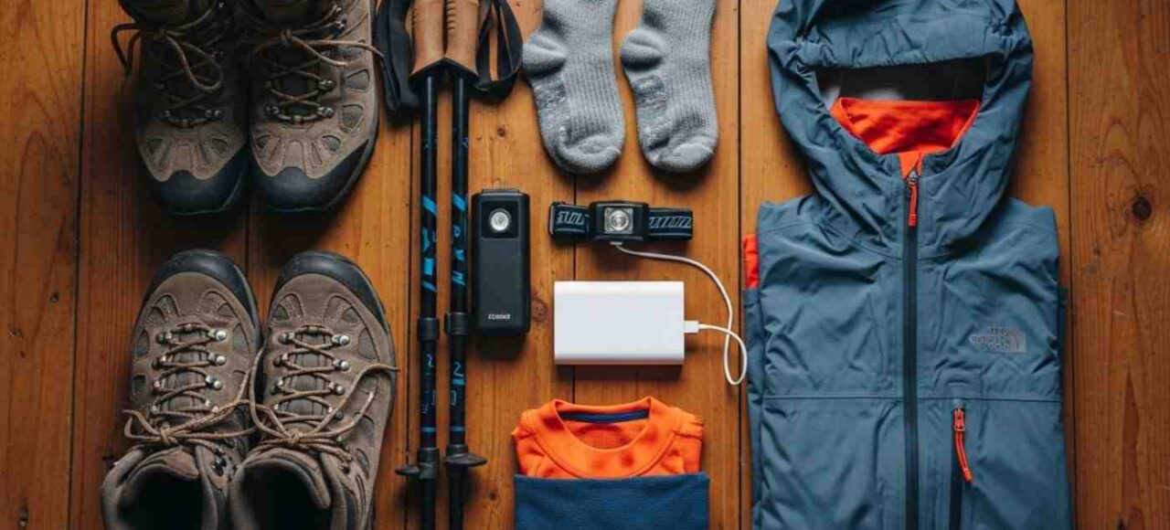 Checklist de equipaje Salkantay Trek con una mochila, botas y bastones organizados en el suelo