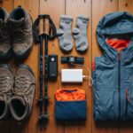 Checklist de equipaje Salkantay Trek con una mochila, botas y bastones organizados en el suelo