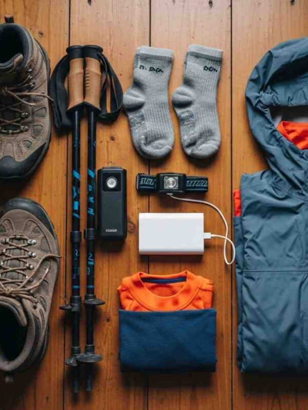 Checklist de equipaje Salkantay Trek con una mochila, botas y bastones organizados en el suelo