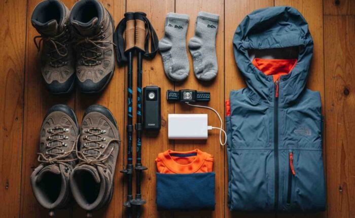 Checklist de equipaje Salkantay Trek con una mochila, botas y bastones organizados en el suelo