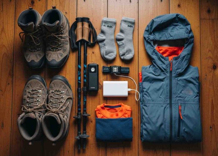 Checklist de equipaje Salkantay Trek con una mochila, botas y bastones organizados en el suelo