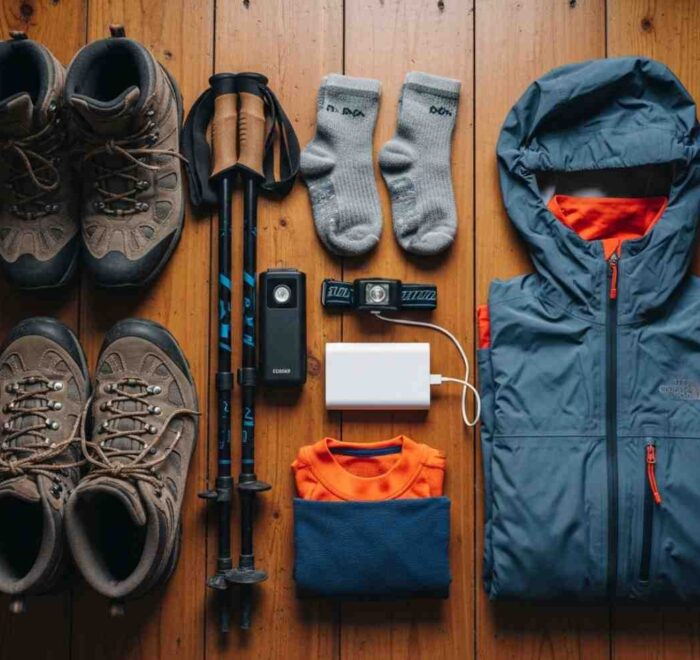 Checklist de equipaje Salkantay Trek con una mochila, botas y bastones organizados en el suelo