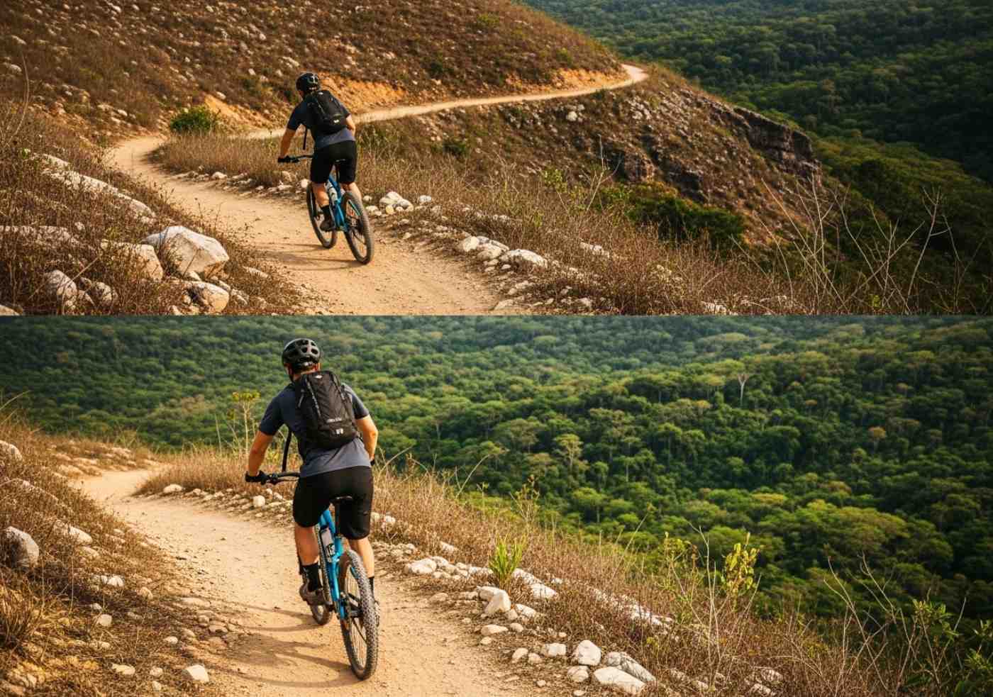 Ciclista de montaña descendiendo por un camino de tierra con la ceja de selva de Cusco al fondo