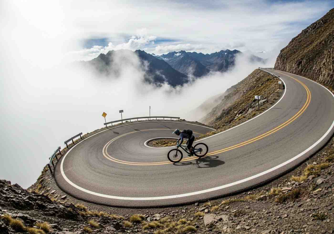 Un ciclista de montaña descendiendo a toda velocidad por la carretera del Abra Málaga, con el paisaje andino cubierto de niebla.