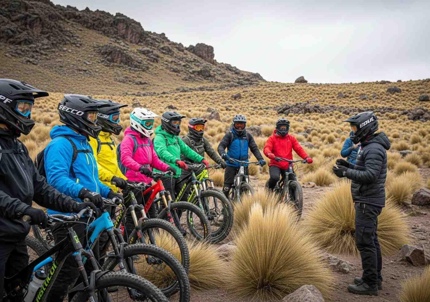 Grupo de viajeros con equipo completo de ciclismo de montaña y sus bicicletas en el Abra Málaga, escuchando las instrucciones de seguridad antes de iniciar el descenso