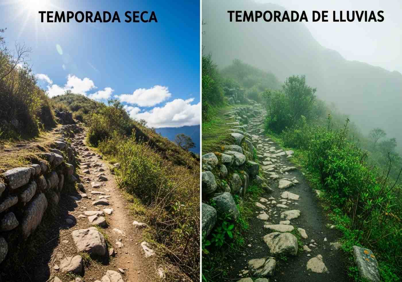 Una comparación visual del clima en el Camino Inca, mostrando la diferencia entre la temporada seca soleada y la temporada de lluvias con niebla