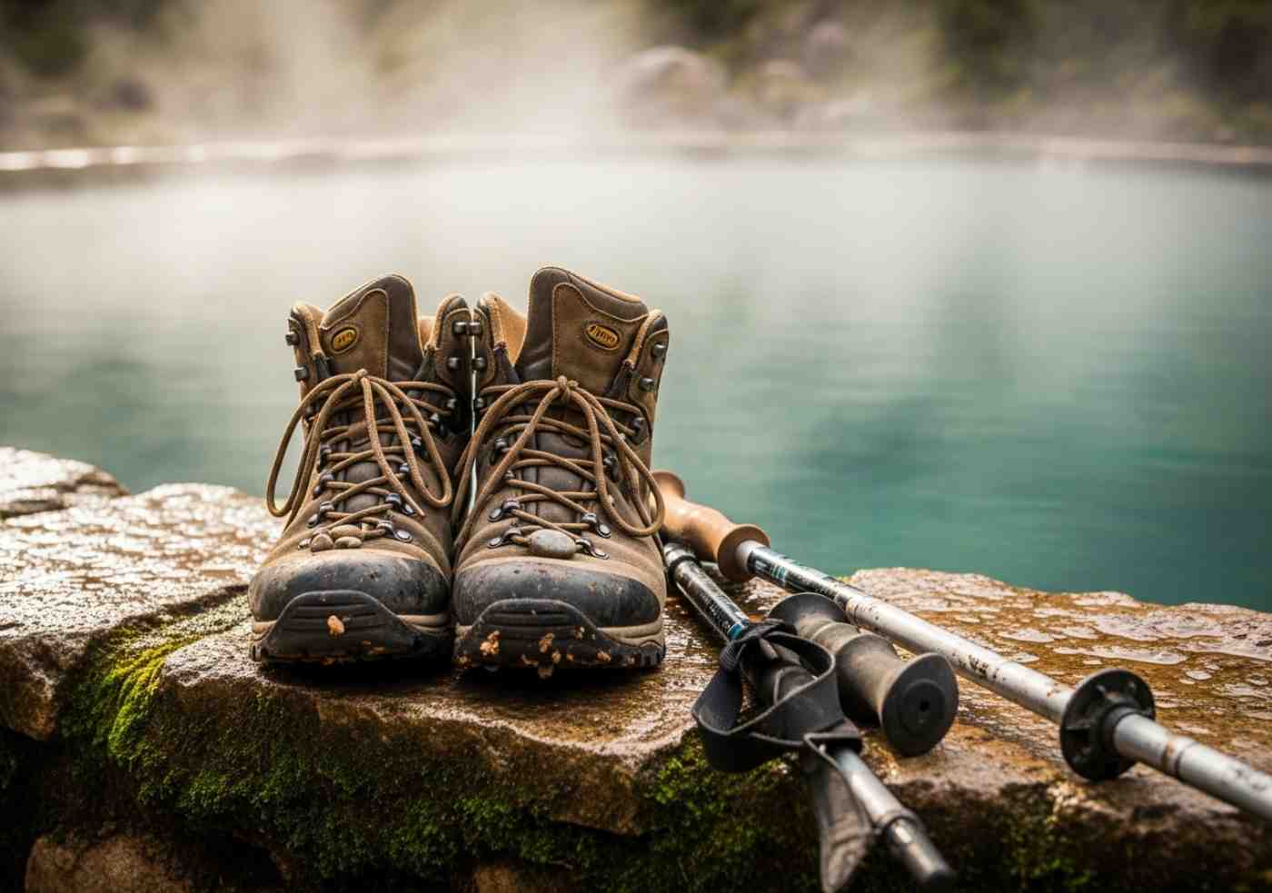 Un par de botas de trekking lodosas descansan al borde de una poza termal, simbolizando la parada en Cocalmayo durante el tour Inka Jungle