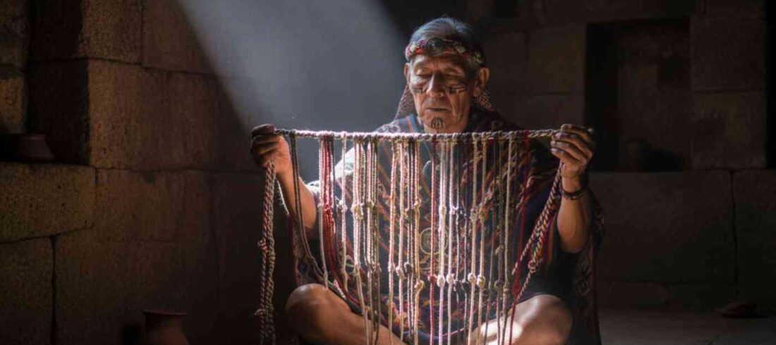 Un sabio Quipucamayoc en una cámara de piedra iluminada por un rayo de sol, examinando el código secreto de los quipus, la escritura perdida del Imperio Inca.