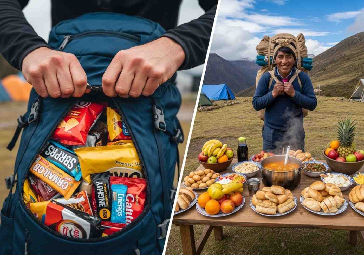 Un montaje que muestra una mochila llena de snacks innecesarios en contraste con la comida abundante que prepara el equipo del Camino Inca
