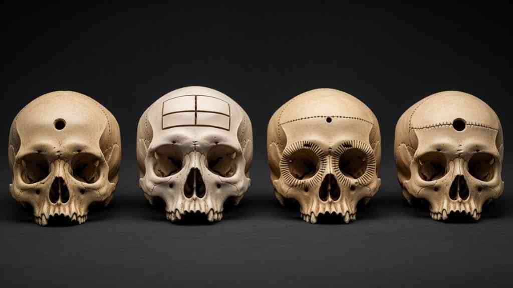 Colección de cráneos de Paracas exhibidos en un museo, mostrando las marcas de trepanaciones exitosas y la regeneración ósea como evidencia de su avanzada cirugía.