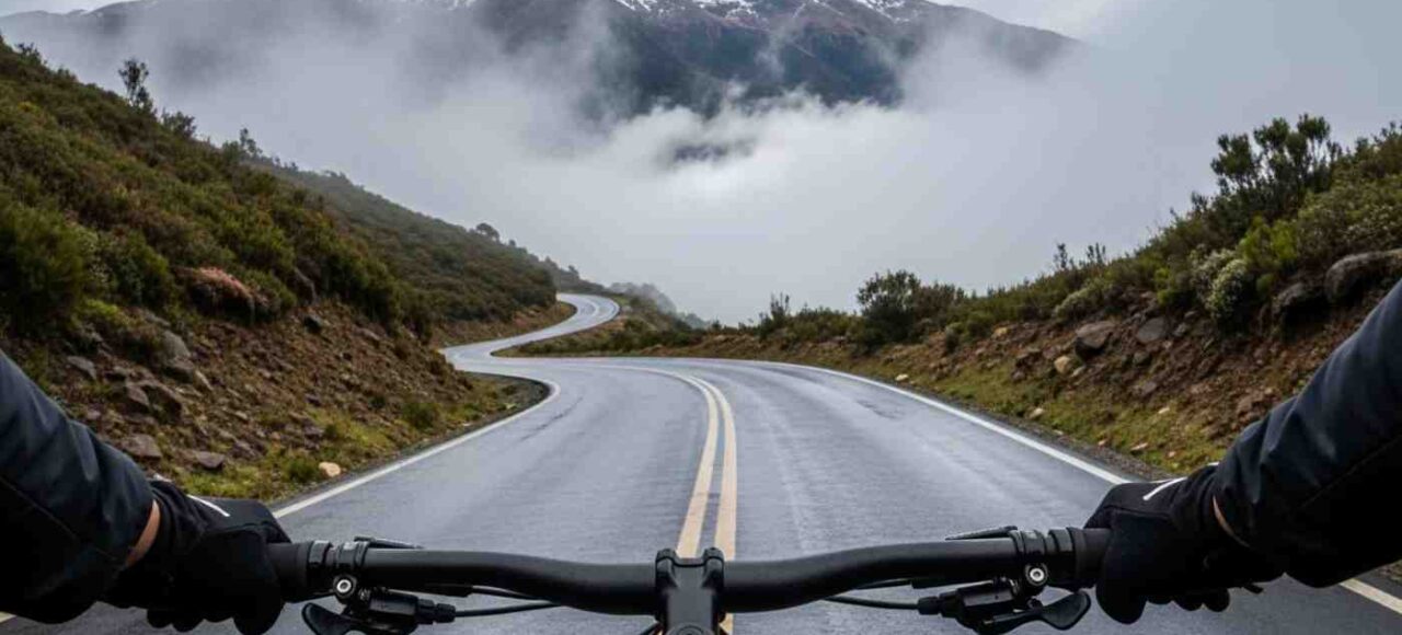 Un ciclista en pleno descenso en bicicleta Inka Jungle, visto desde su perspectiva (POV), bajando la neblinosa carretera del Abra Málaga hacia la selva