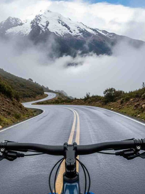 Un ciclista en pleno descenso en bicicleta Inka Jungle, visto desde su perspectiva (POV), bajando la neblinosa carretera del Abra Málaga hacia la selva
