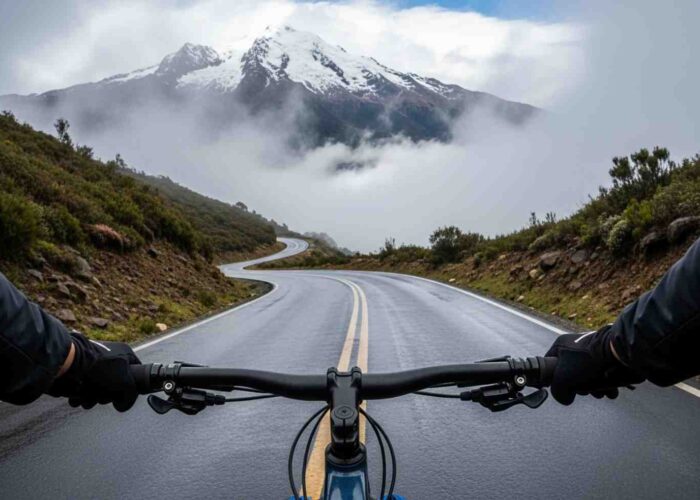 Un ciclista en pleno descenso en bicicleta Inka Jungle, visto desde su perspectiva (POV), bajando la neblinosa carretera del Abra Málaga hacia la selva