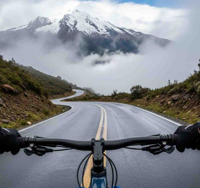 Un ciclista en pleno descenso en bicicleta Inka Jungle, visto desde su perspectiva (POV), bajando la neblinosa carretera del Abra Málaga hacia la selva
