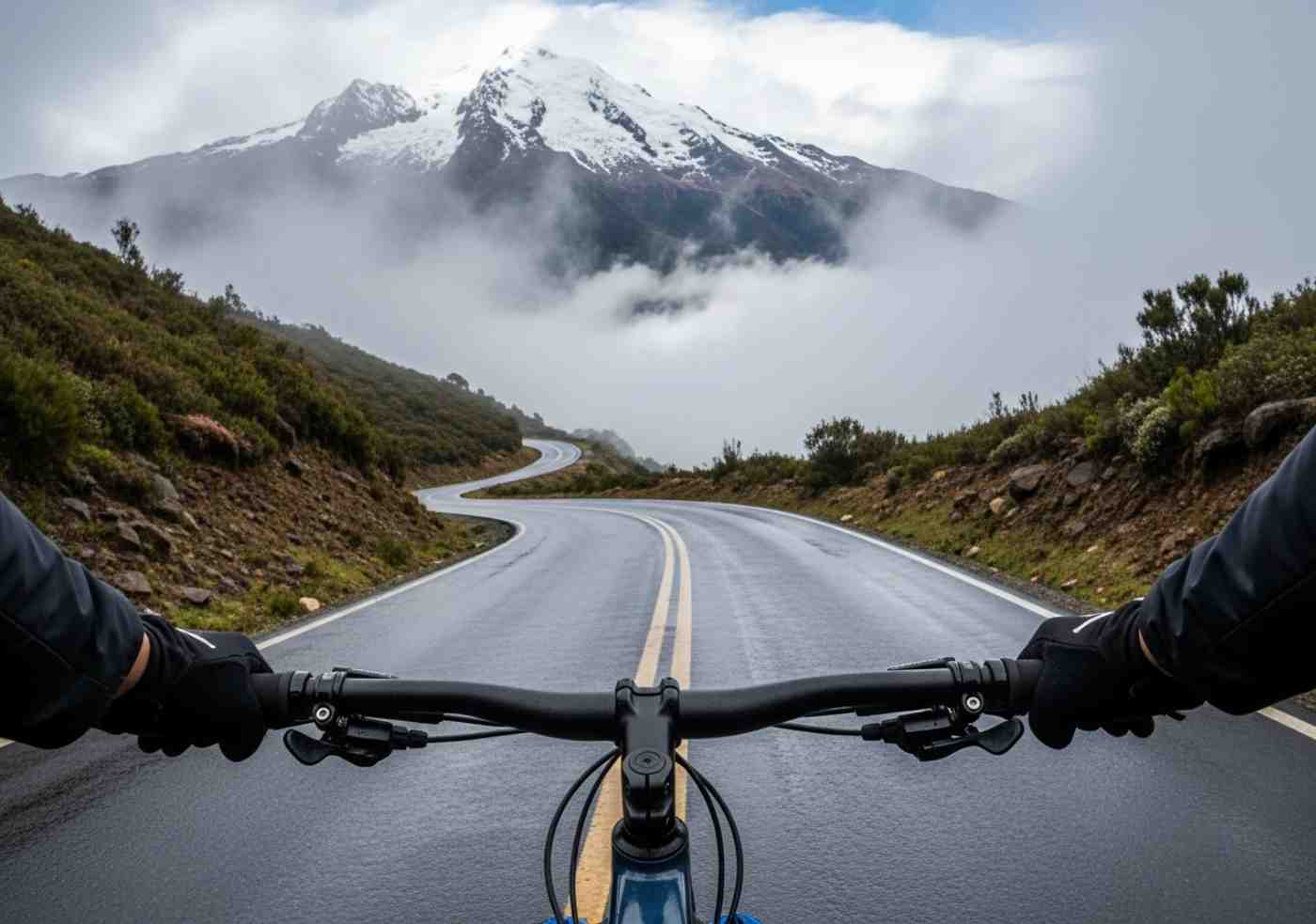descenso-en-bicicleta-inka-jungle Un ciclista en pleno descenso en bicicleta Inka Jungle, visto desde su perspectiva (POV), bajando la neblinosa carretera del Abra Málaga hacia la selva