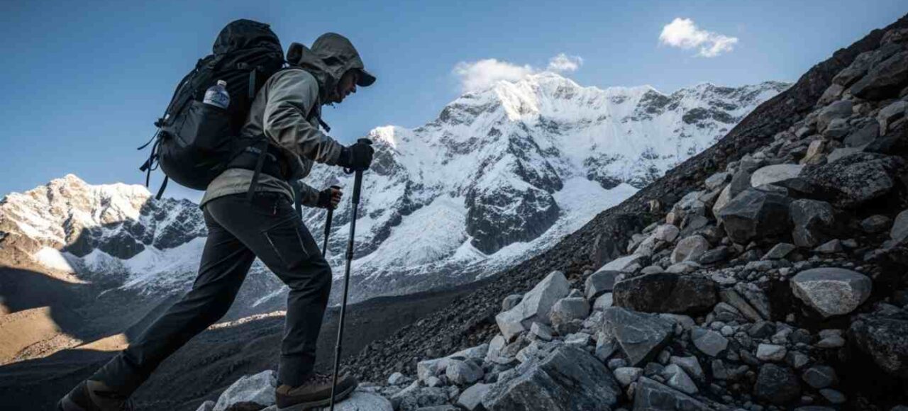 Un viajero en medio del ascenso del día 2 en Salkantay, con el imponente pico nevado del Apu Salkantay de fondo