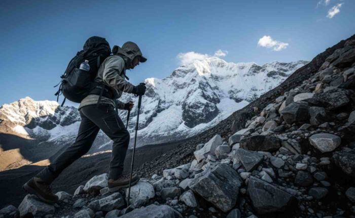 Un viajero en medio del ascenso del día 2 en Salkantay, con el imponente pico nevado del Apu Salkantay de fondo