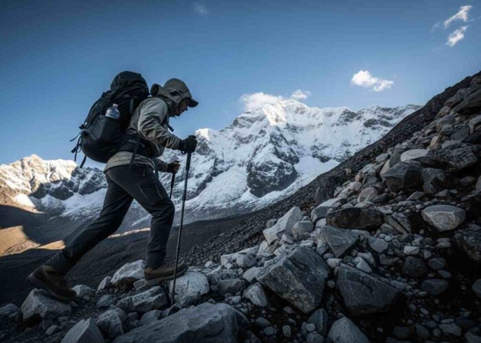 Un viajero en medio del ascenso del día 2 en Salkantay, con el imponente pico nevado del Apu Salkantay de fondo