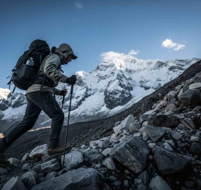 Un viajero en medio del ascenso del día 2 en Salkantay, con el imponente pico nevado del Apu Salkantay de fondo