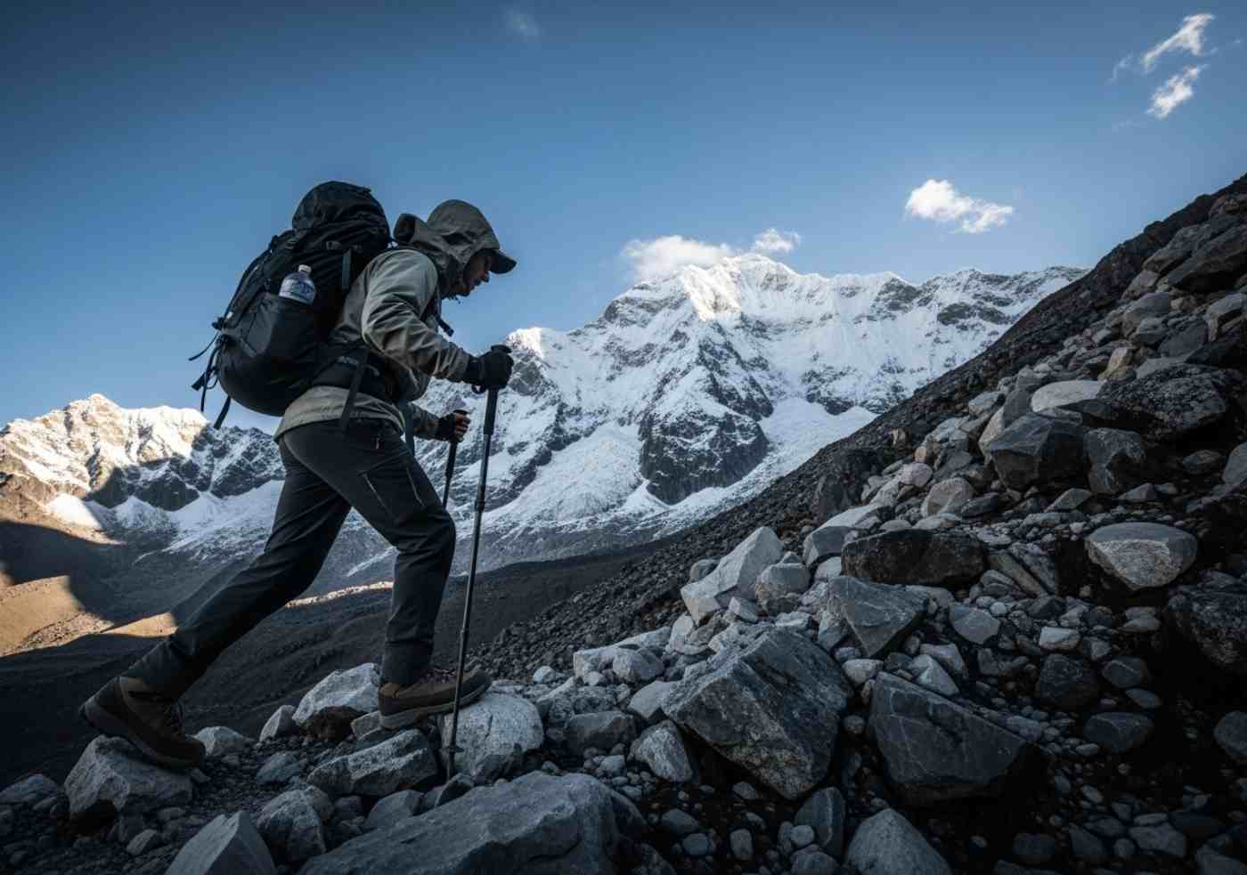 Un viajero en medio del ascenso del día 2 en Salkantay, con el imponente pico nevado del Apu Salkantay de fondo
