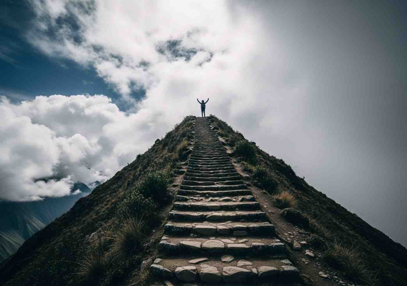 dificultad-del-camino-inca Un excursionista llegando a la cima del paso más alto, ilustrando la verdadera dificultad del Camino Inca frente a la inmensidad de los Andes
