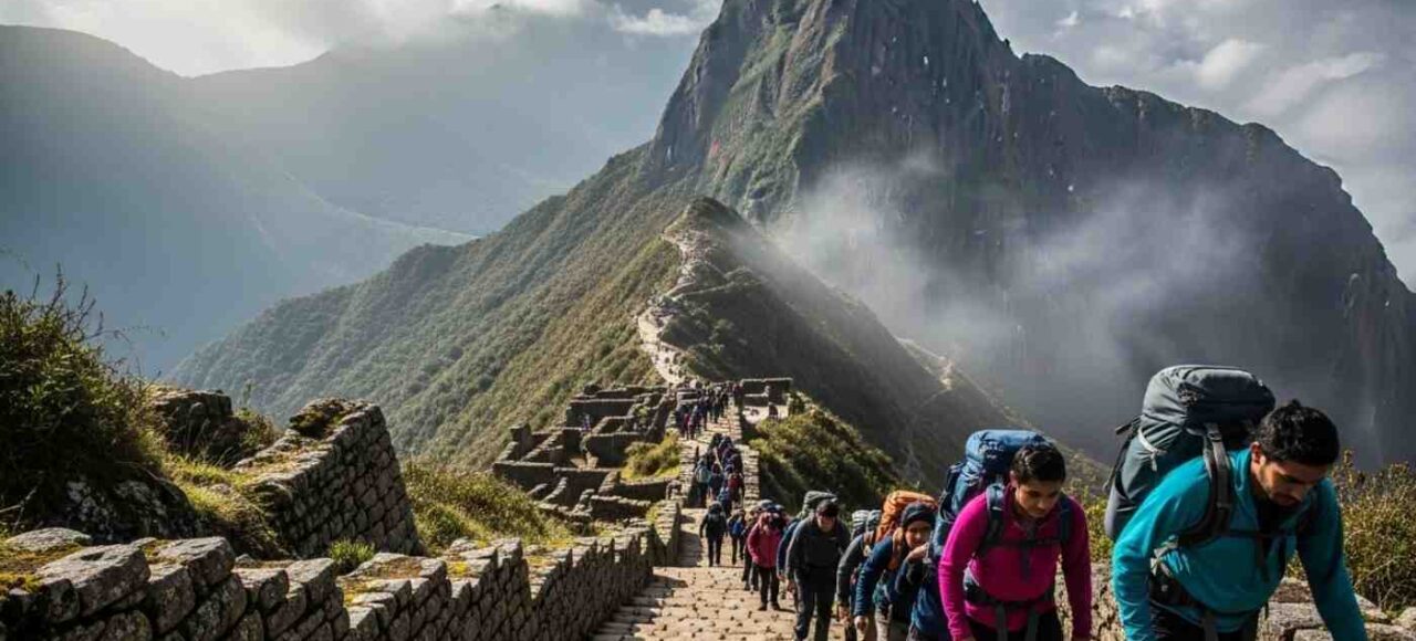 Un grupo de excursionistas en un tramo de escalones de piedra que ilustra la verdadera dificultad del Camino Inca, con la silueta del Paso de la Mujer Muerta visible al fondo entre la niebla