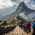 Un grupo de excursionistas en un tramo de escalones de piedra que ilustra la verdadera dificultad del Camino Inca, con la silueta del Paso de la Mujer Muerta visible al fondo entre la niebla