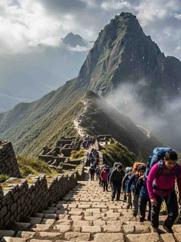 Un grupo de excursionistas en un tramo de escalones de piedra que ilustra la verdadera dificultad del Camino Inca, con la silueta del Paso de la Mujer Muerta visible al fondo entre la niebla