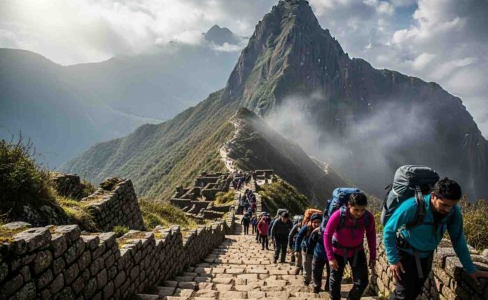 Un grupo de excursionistas en un tramo de escalones de piedra que ilustra la verdadera dificultad del Camino Inca, con la silueta del Paso de la Mujer Muerta visible al fondo entre la niebla