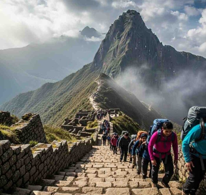Un grupo de excursionistas en un tramo de escalones de piedra que ilustra la verdadera dificultad del Camino Inca, con la silueta del Paso de la Mujer Muerta visible al fondo entre la niebla