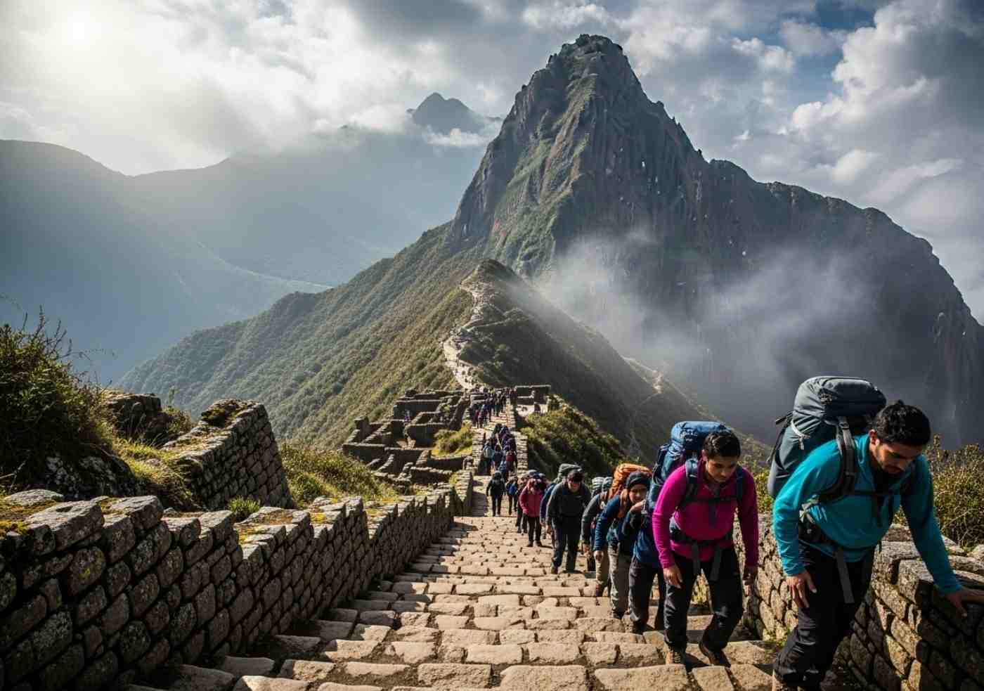 Un grupo de excursionistas en un tramo de escalones de piedra que ilustra la verdadera dificultad del Camino Inca, con la silueta del Paso de la Mujer Muerta visible al fondo entre la niebla