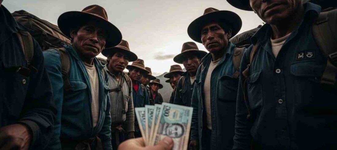 Un porteador en el Camino Inca mira al horizonte mientras una mano le ofrece dinero, ilustrando la economía secreta del Camino Inca y las propinas