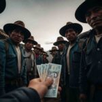 economia-secreta-del-camino-inca Un porteador en el Camino Inca mira al horizonte mientras una mano le ofrece dinero, ilustrando la economía secreta del Camino Inca y las propinas