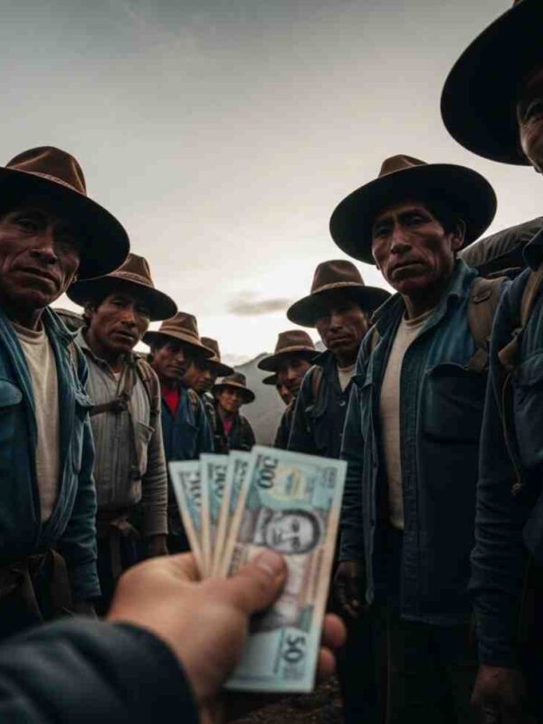 Un porteador en el Camino Inca mira al horizonte mientras una mano le ofrece dinero, ilustrando la economía secreta del Camino Inca y las propinas