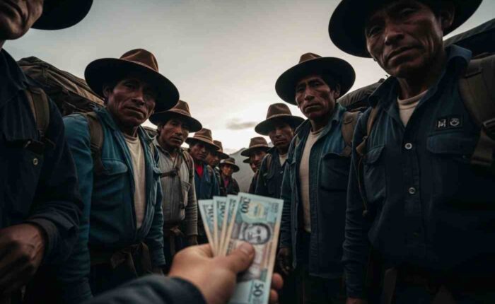 Un porteador en el Camino Inca mira al horizonte mientras una mano le ofrece dinero, ilustrando la economía secreta del Camino Inca y las propinas