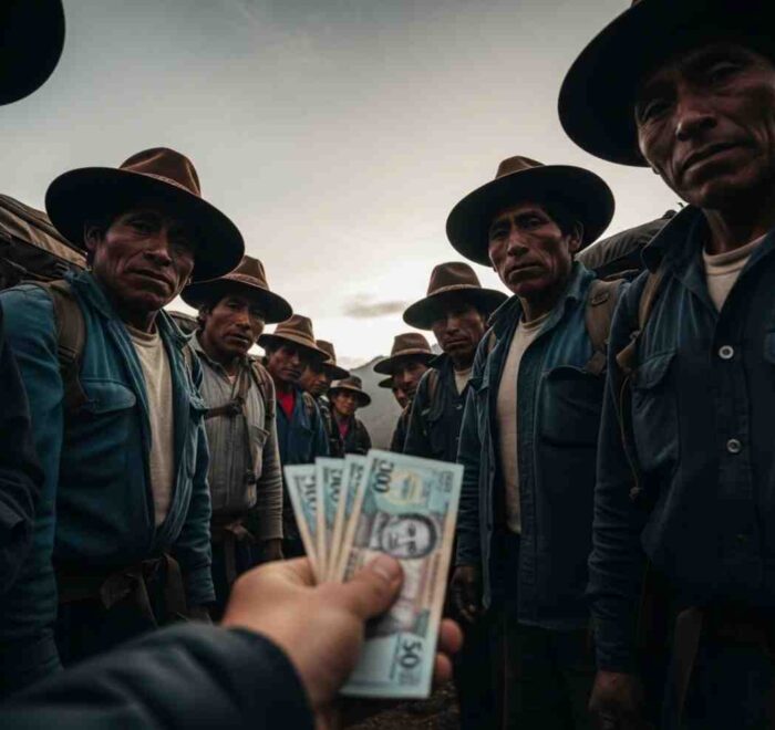 Un porteador en el Camino Inca mira al horizonte mientras una mano le ofrece dinero, ilustrando la economía secreta del Camino Inca y las propinas