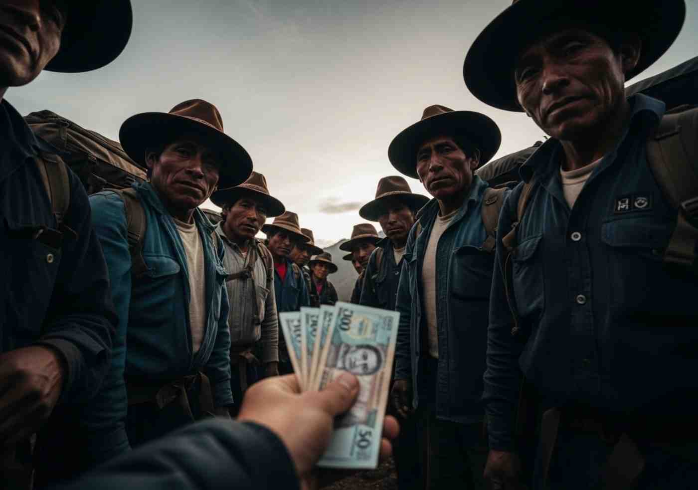 Un porteador en el Camino Inca mira al horizonte mientras una mano le ofrece dinero, ilustrando la economía secreta del Camino Inca y las propinas