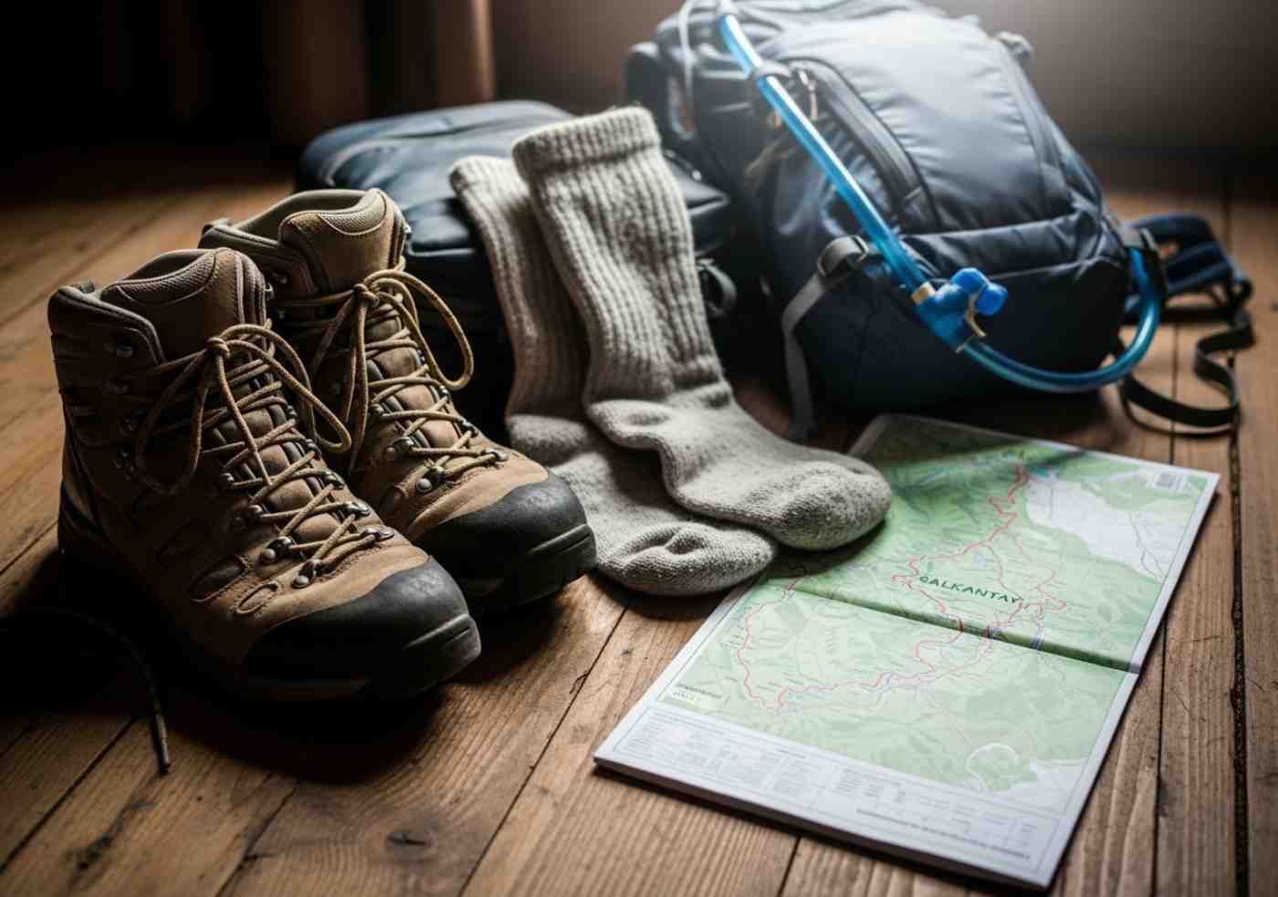 Un par de botas de trekking junto a una mochila en un sendero, simbolizando el entrenamiento para Salkantay