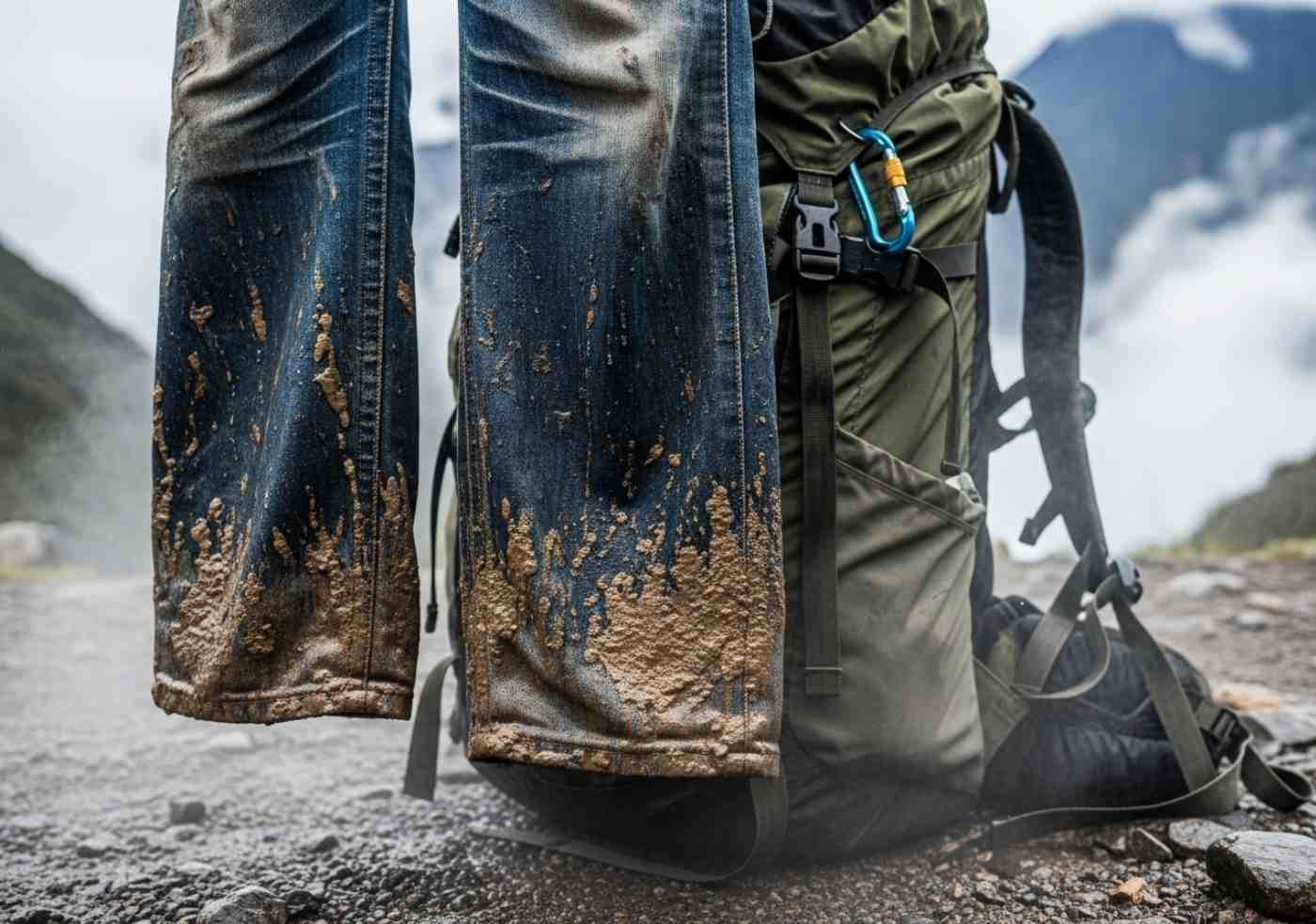 Un par de jeans mojados y pesados colgados de una mochila en el Camino Inca, un error de equipaje común