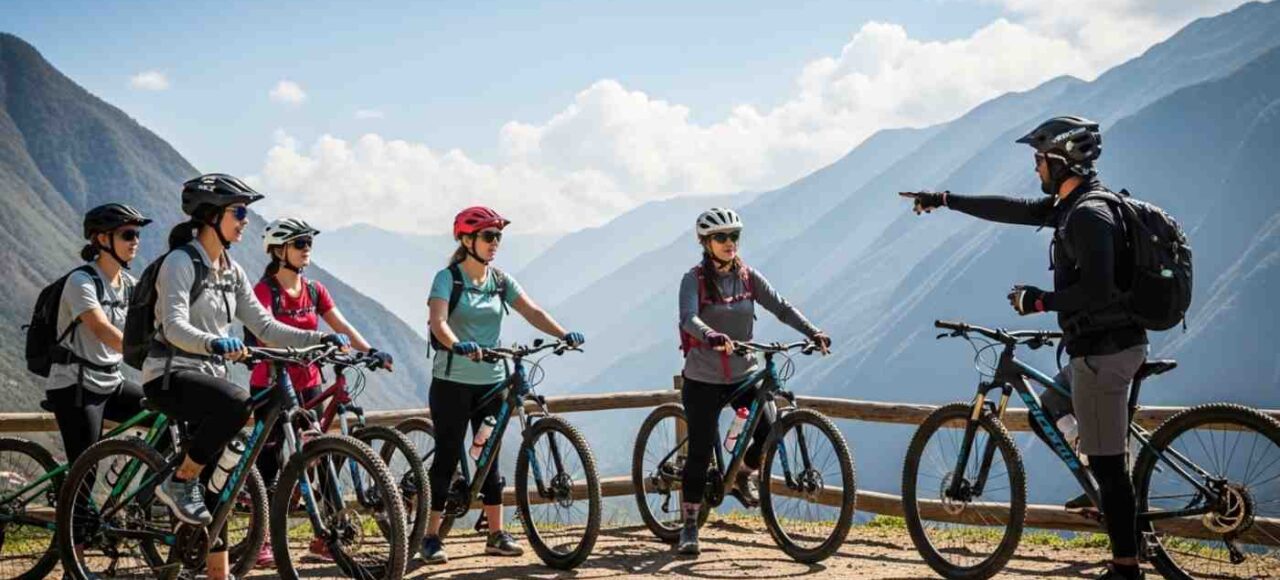 Grupo de viajeros en la Ruta Inka Jungle disfrutando de un descenso seguro en bicicleta
