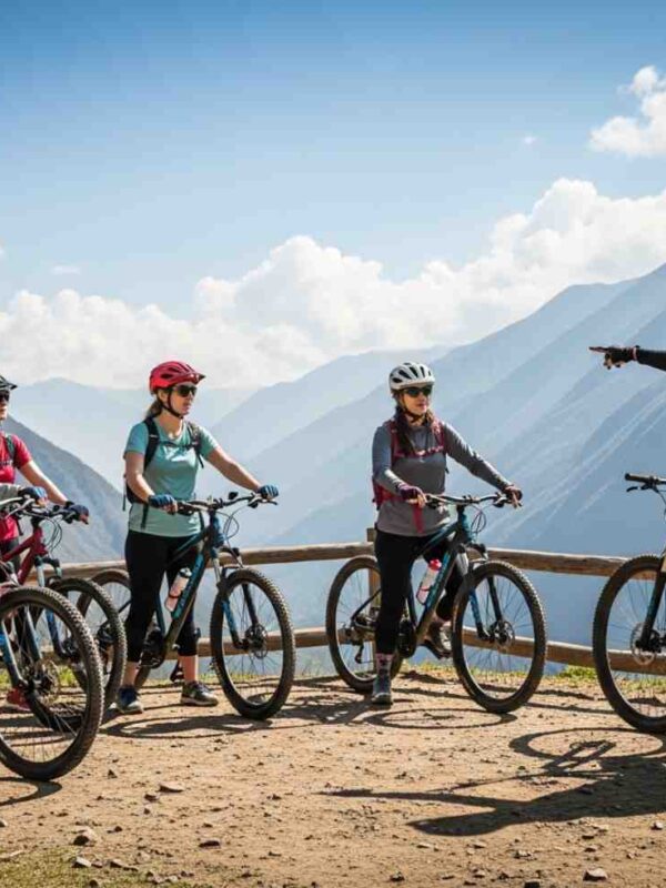 Grupo de viajeros en la Ruta Inka Jungle disfrutando de un descenso seguro en bicicleta