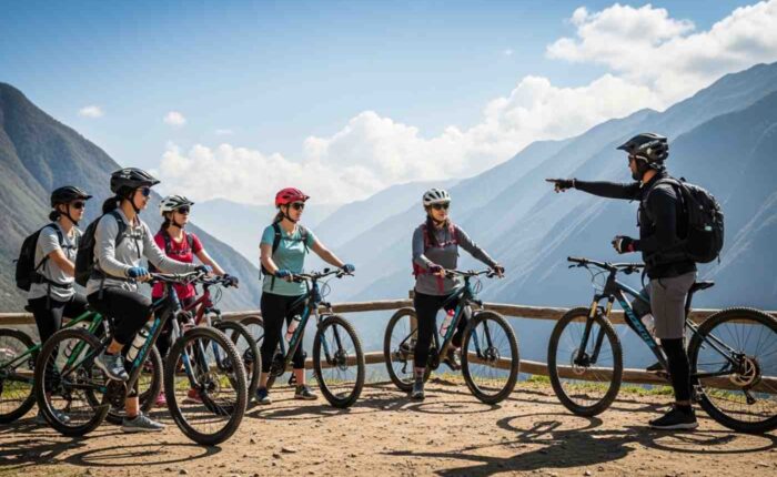 Grupo de viajeros en la Ruta Inka Jungle disfrutando de un descenso seguro en bicicleta