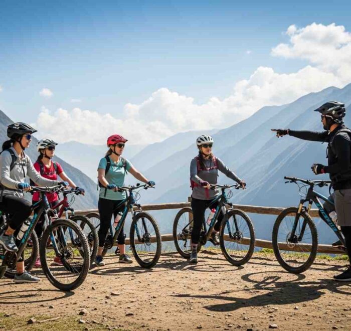 Grupo de viajeros en la Ruta Inka Jungle disfrutando de un descenso seguro en bicicleta