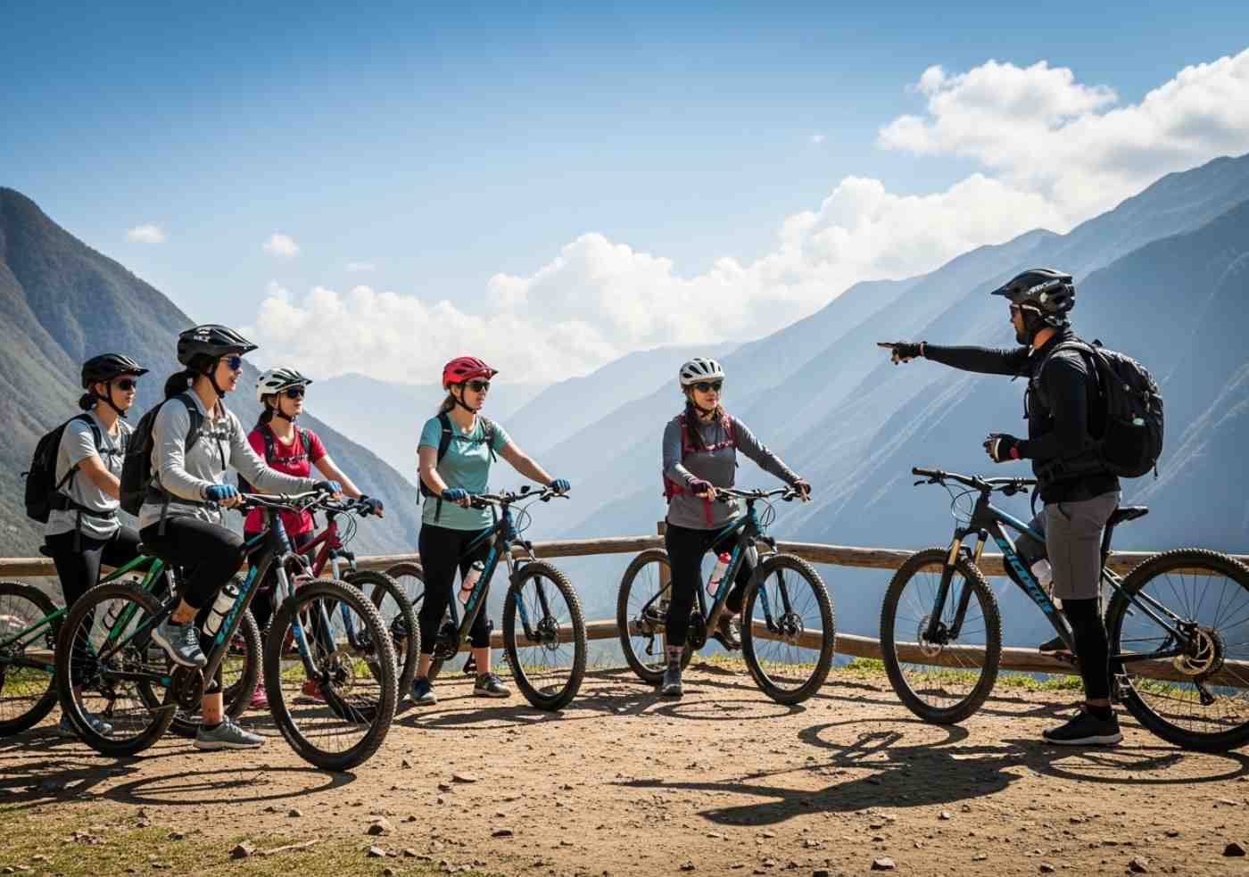 Grupo de viajeros en la Ruta Inka Jungle disfrutando de un descenso seguro en bicicleta