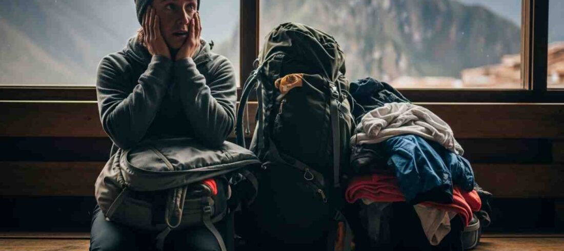 Un trekker revisando su mochila con cara de preocupación frente a una imponente montaña del Salkantay Trek, ilustrando los errores de equipaje