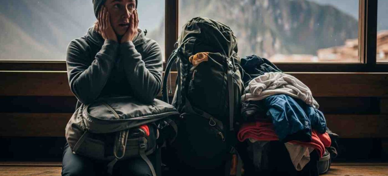 Un trekker revisando su mochila con cara de preocupación frente a una imponente montaña del Salkantay Trek, ilustrando los errores de equipaje