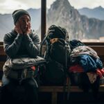 Un trekker revisando su mochila con cara de preocupación frente a una imponente montaña del Salkantay Trek, ilustrando los errores de equipaje